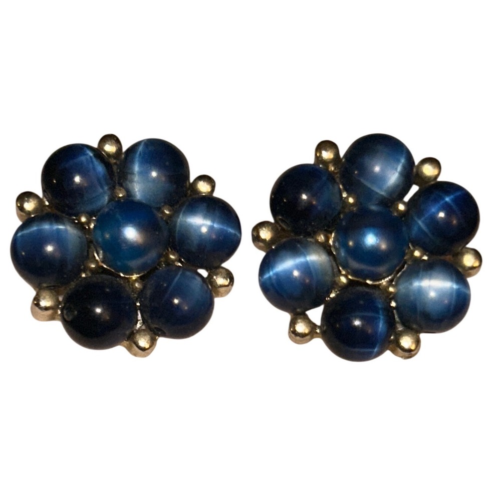 Lisner Vintage Blue Cats Eye Cabochon Floral Cluster Clip On Earrings Gold Tone